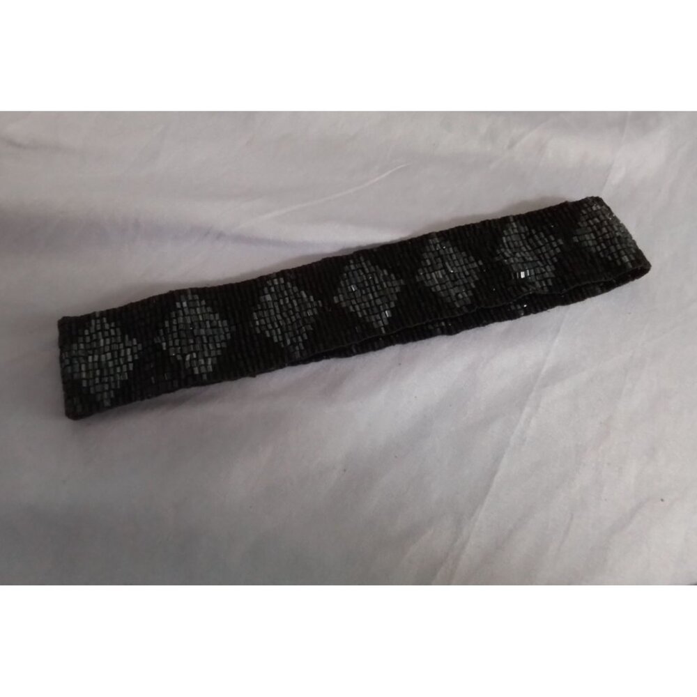 Vintage Black Beaded Elastic Headband With Geometric Pattern